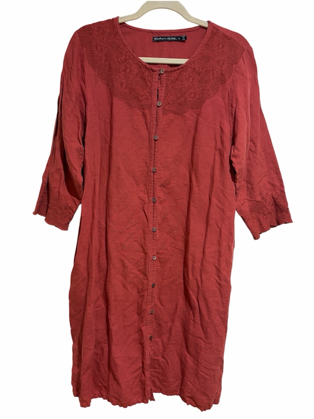 Gudrun Sjoden Red Embroidered Button Down Dress Cotton Linen Lagenlook Medium